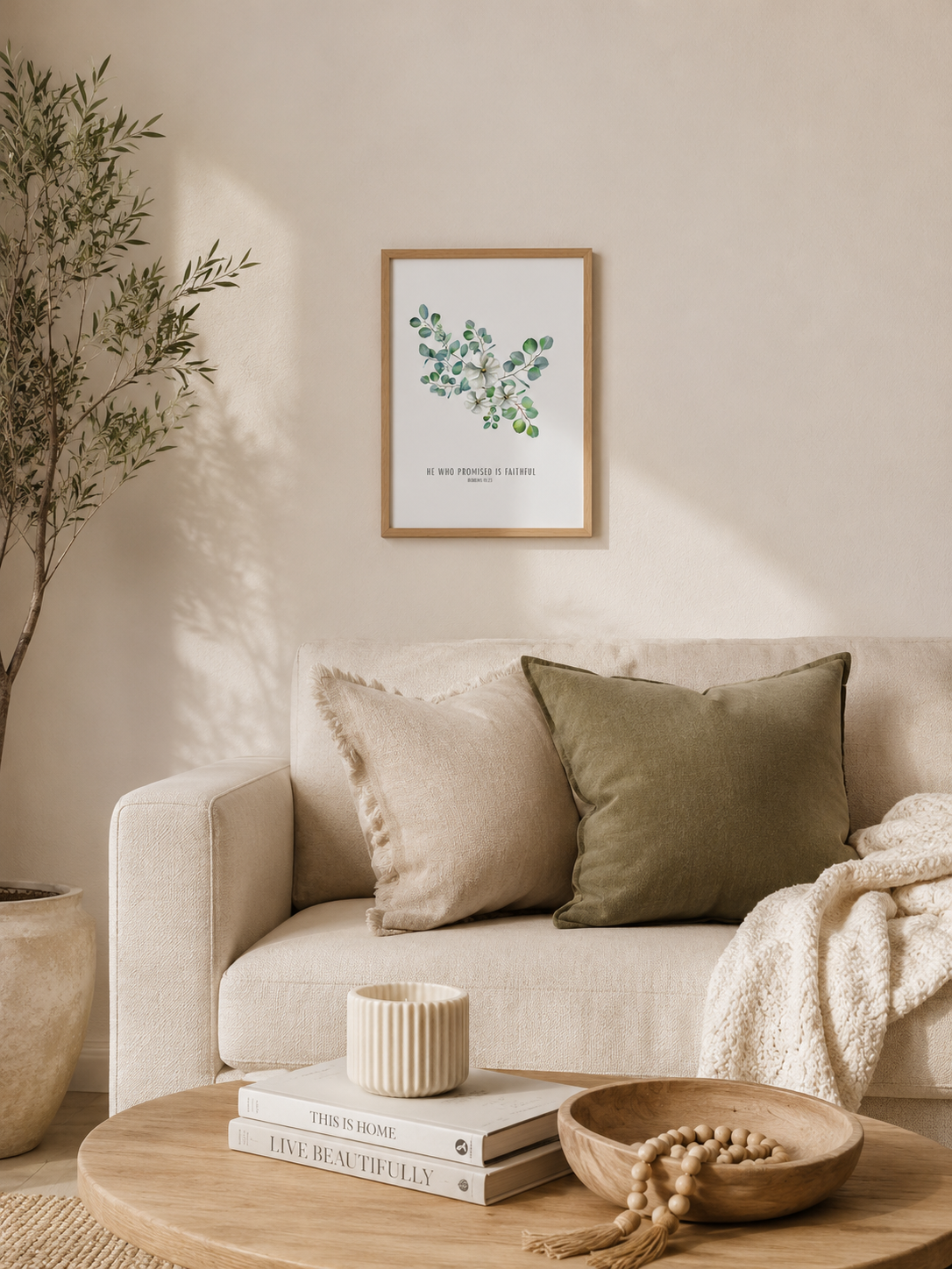 He Who Promised Is Faithful Hebrews 10:23 | Green Eucalyptus Scripture Print | Faith Home Decor