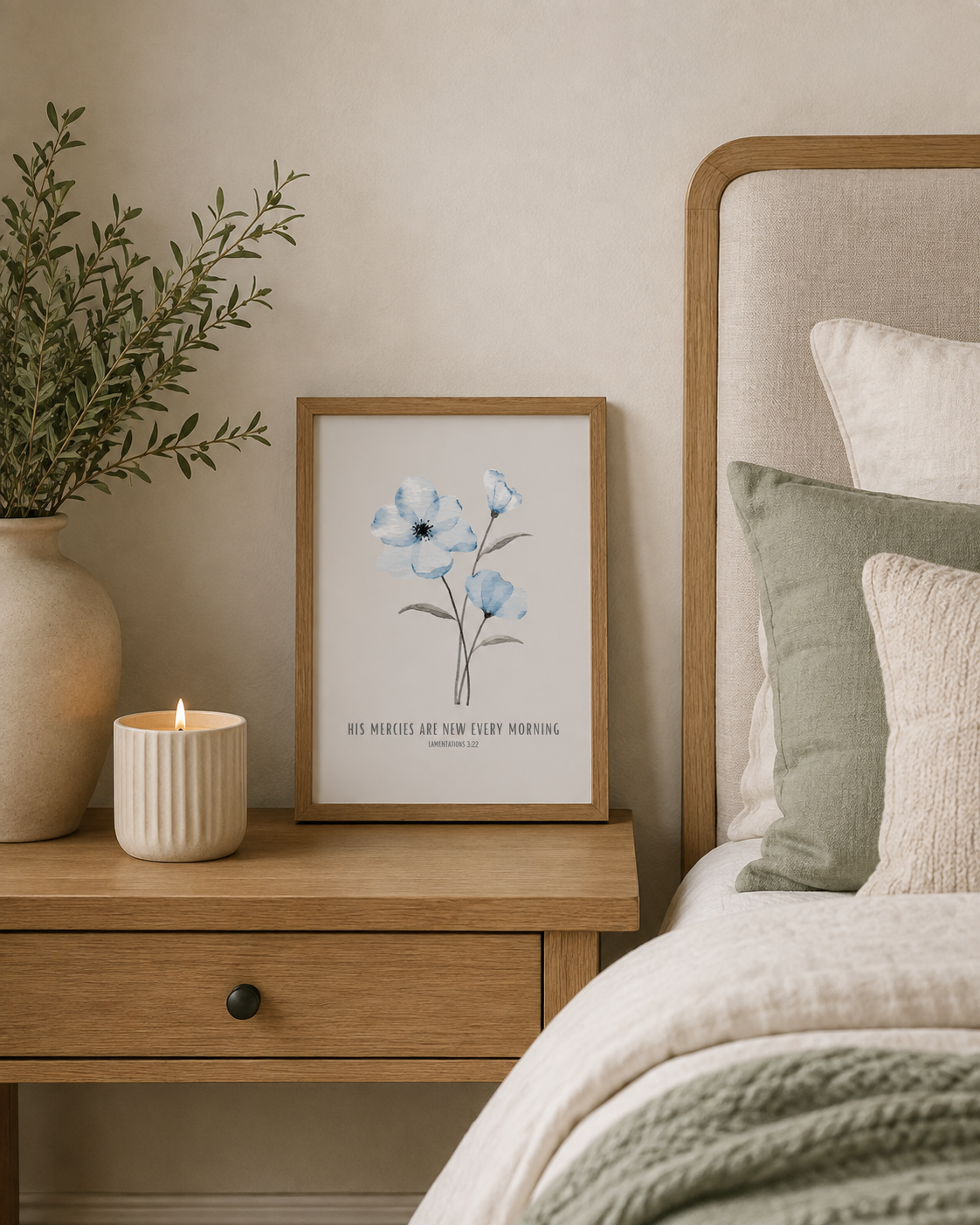 His Mercies Are New Every Morning Lamentations 3:22 | Blue Blossom Scripture Print | Faith Home Decor