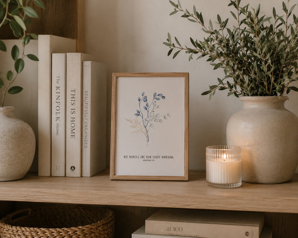 His Mercies Are New Every Morning Lamentations 3:22 | Blue Botanical Scripture Print | Faith Home Decor