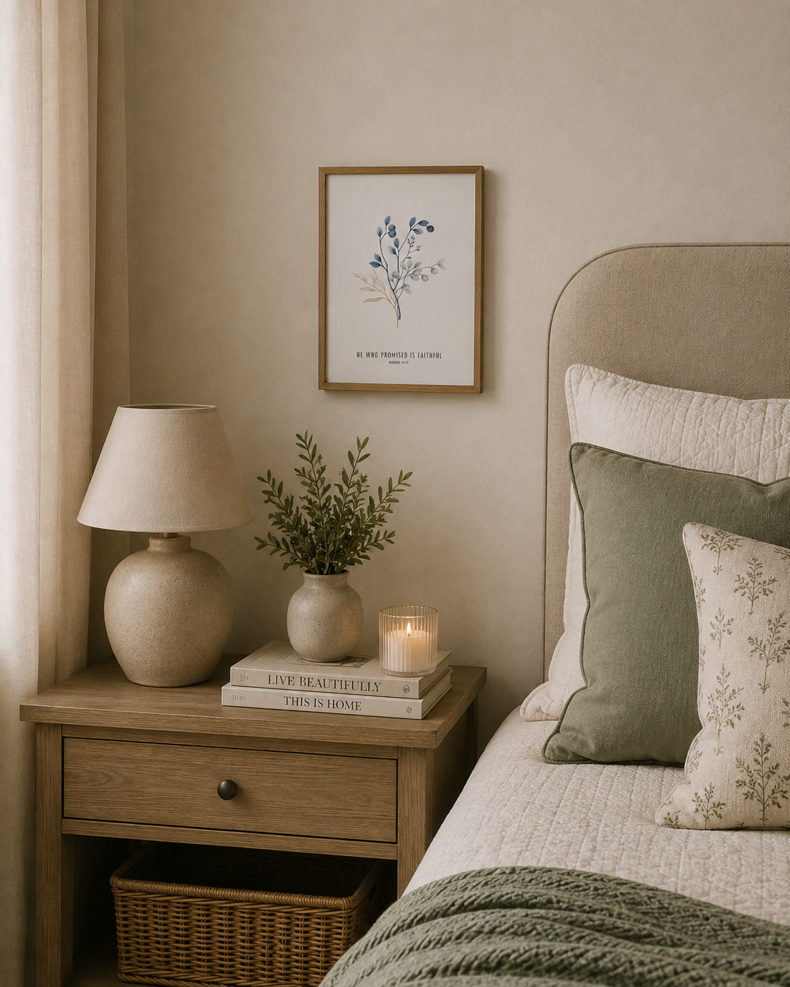 He Who Promised Is Faithful Hebrews 10:23 | Blue Botanical Scripture Print | Faith Home Decor