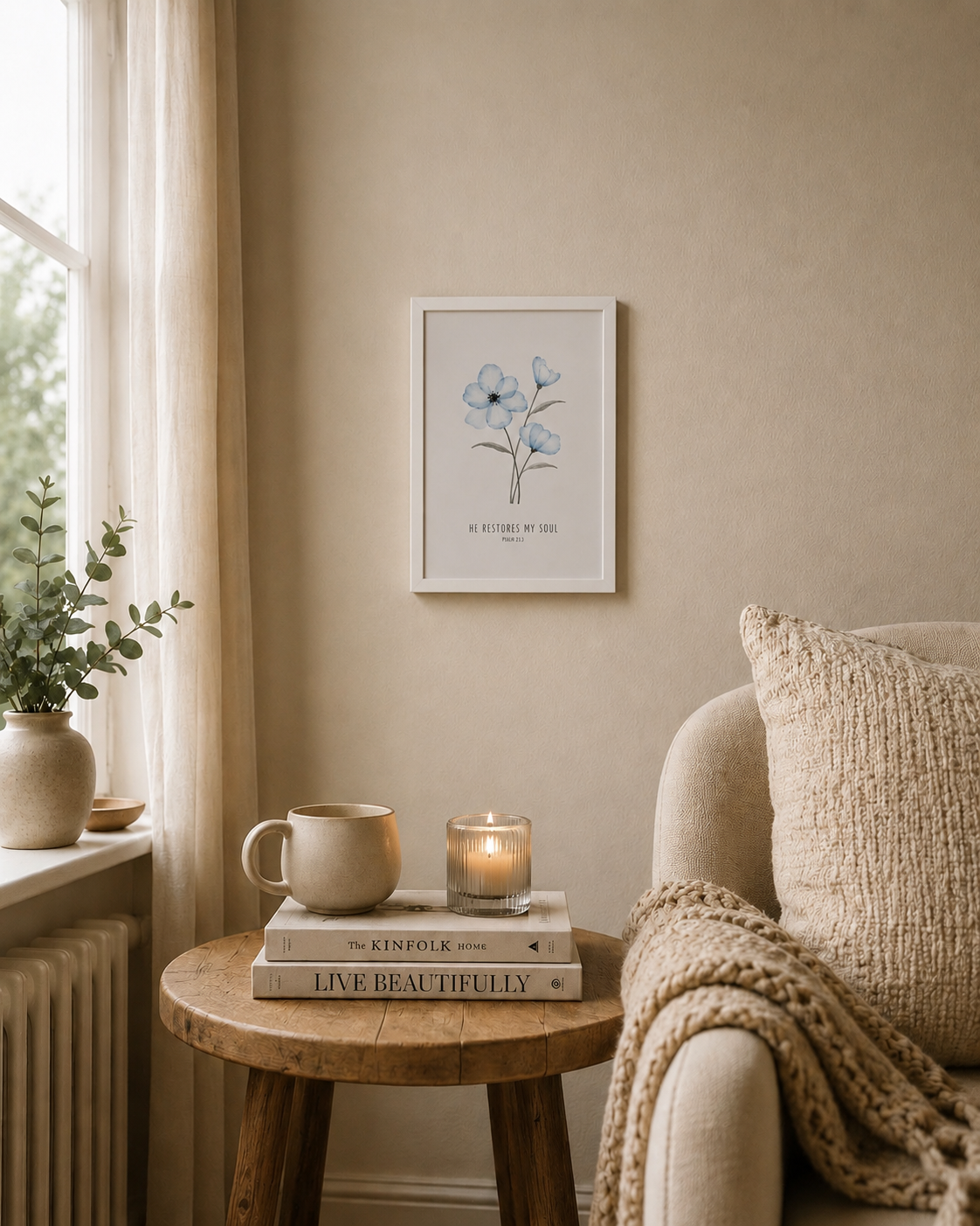 He Restores My Soul Psalm 23:3 | Blue Blossom Scripture Print | Faith Decor