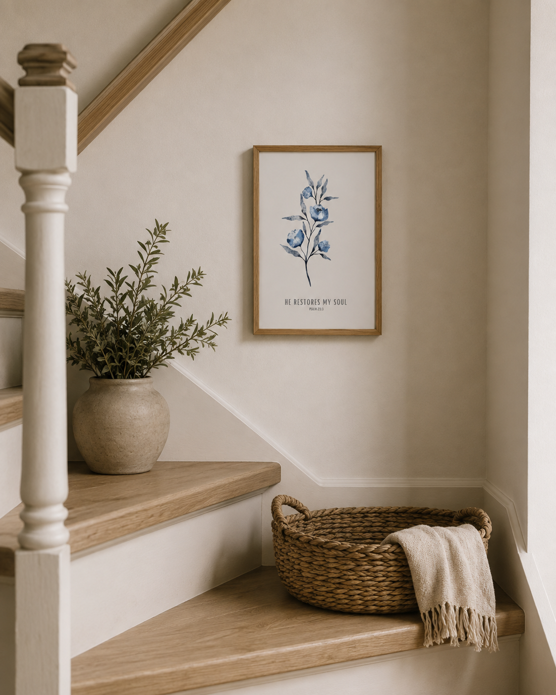 He Restores My Soul Psalm 23:3 | Blue Floral Scripture Print | Faith Home Decor