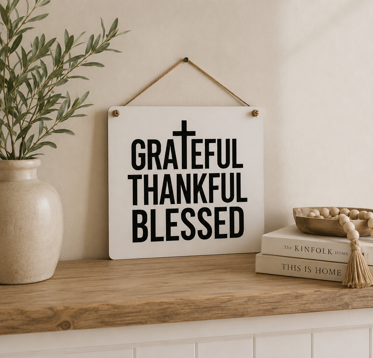 Grateful Thankful Blessed Faith Inspired Hanging Sign | Faith Filled Home Decor