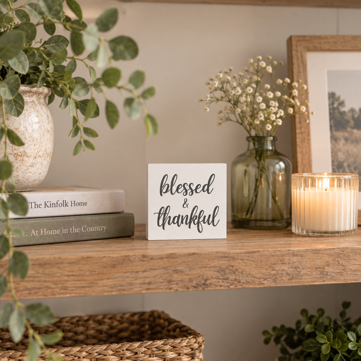 Blessed & Thankful Scripture Block | Christian Home Decor | Faith Filled Home