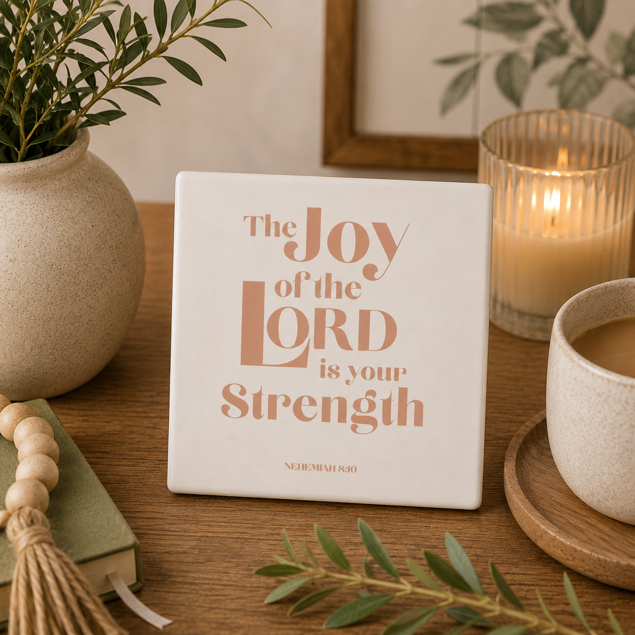The Joy Of the Lord Is My Strength Ceramic Coaster | Christian Home Decor | Faith Coasters
