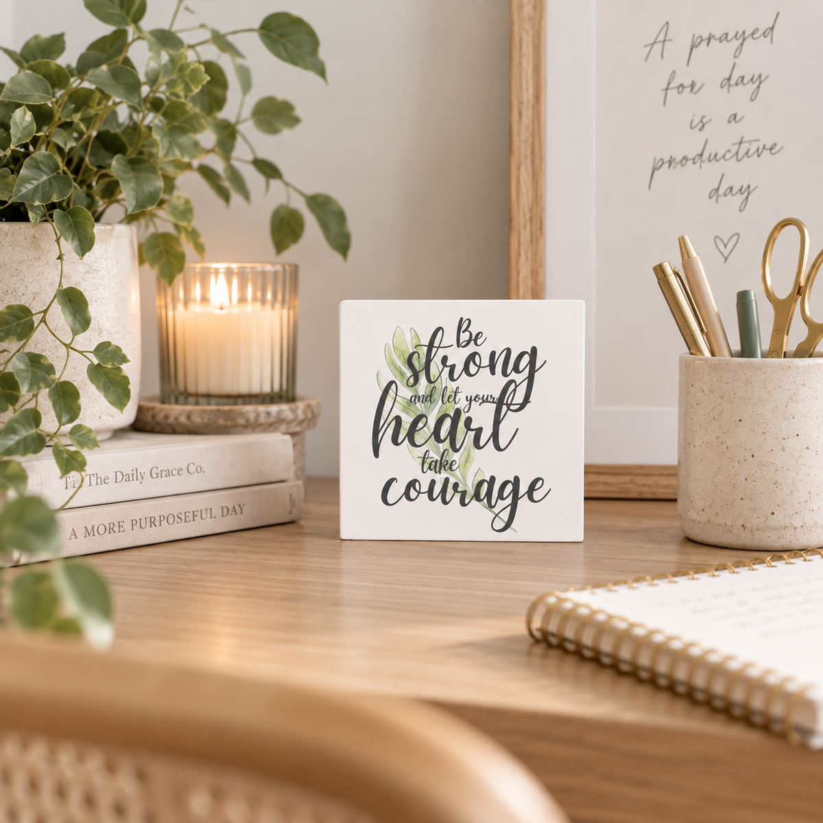Be Strong And Let Your Heart Take Courage Scripture Block | Christian Faith Decor | Faith Filled Home
