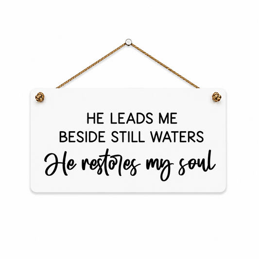 He Leads Me Beside Still Waters Sign | Psalm 23 | Christian Wall Decor