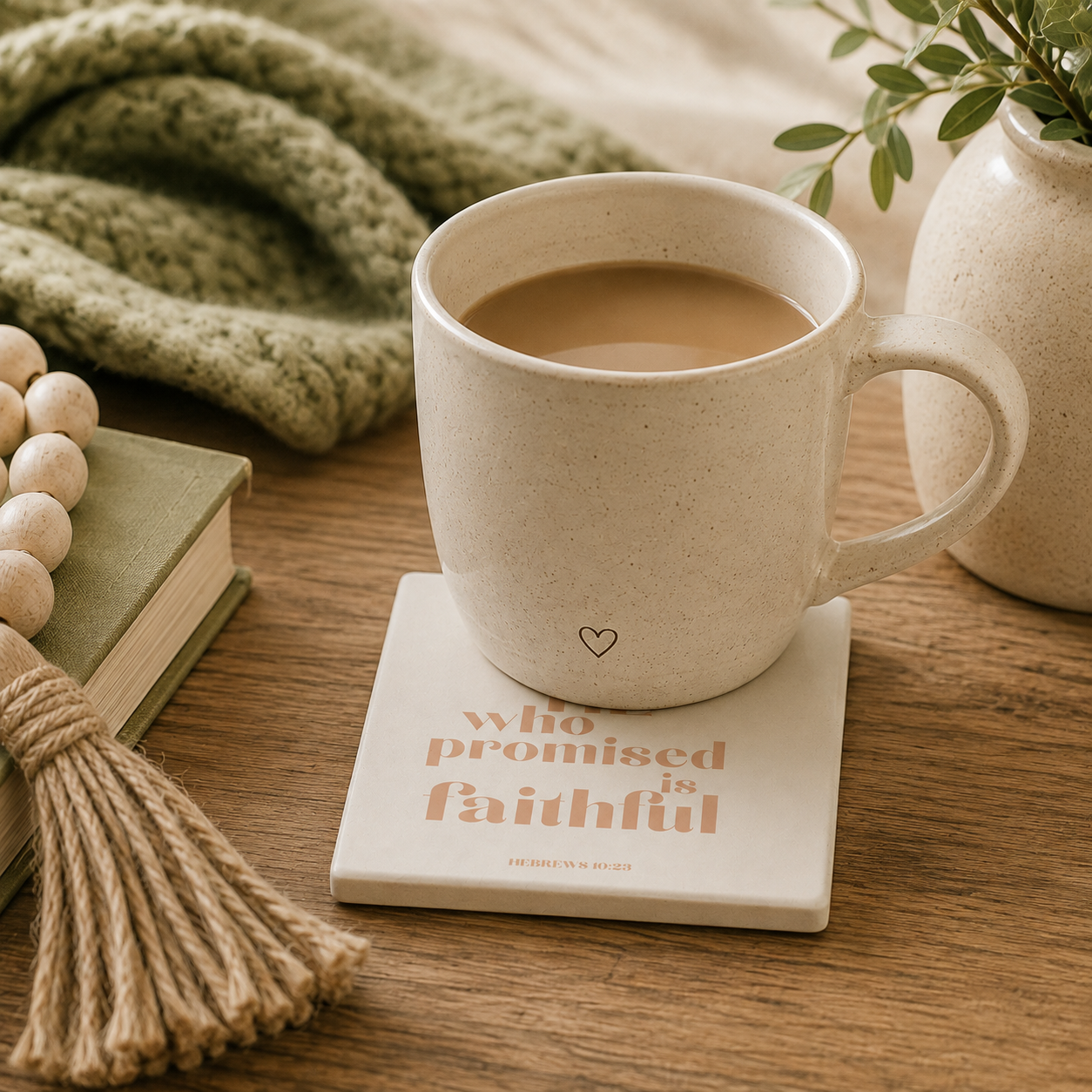 He Who Promised Is Faithful Ceramic Coaster | Christian Home Decor | Faith Coasters
