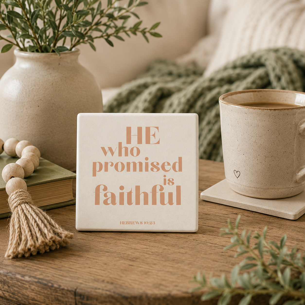 He Who Promised Is Faithful Ceramic Coaster | Christian Home Decor | Faith Coasters