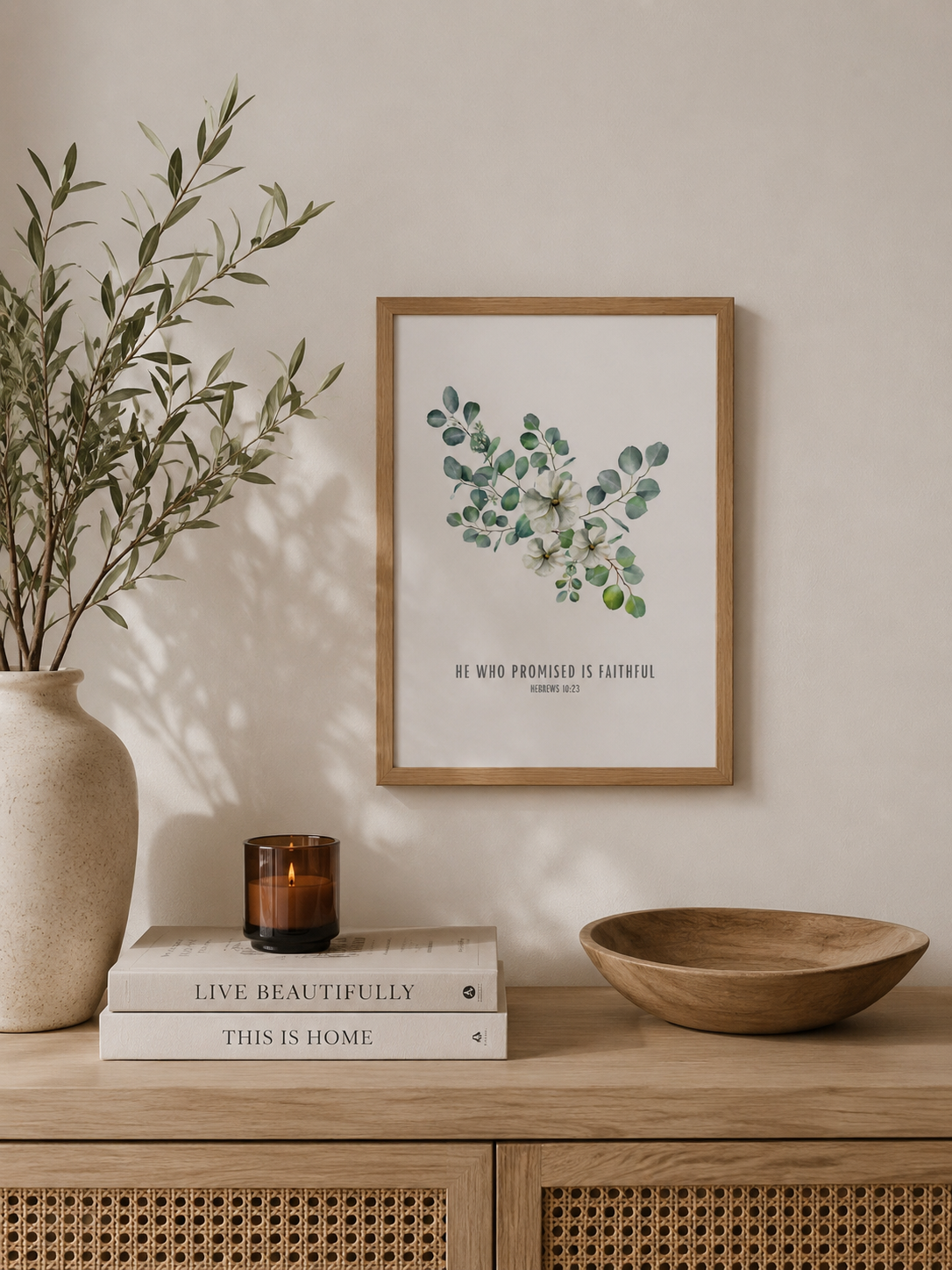 He Who Promised Is Faithful Hebrews 10:23 | Green Eucalyptus Scripture Print | Faith Home Decor