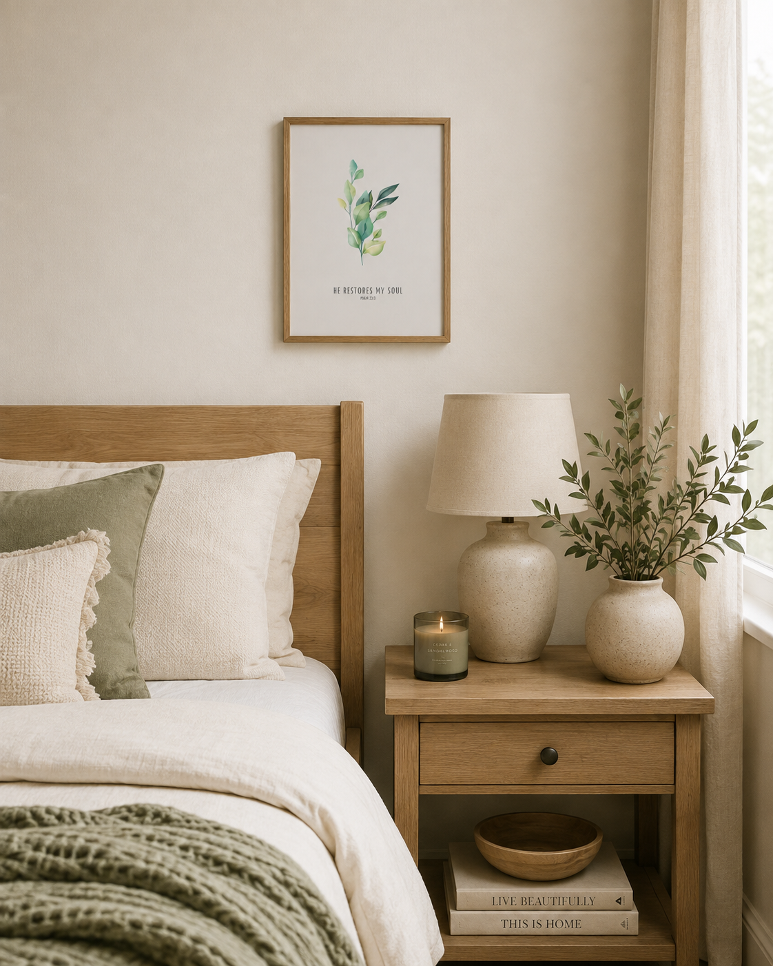 He Restores My Soul Psalm 23:3 | Green Botanical Scripture Print | Faith Home Decor