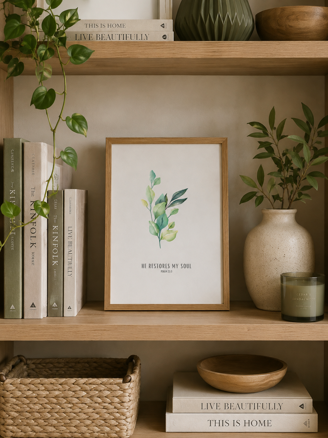 He Restores My Soul Psalm 23:3 | Green Botanical Scripture Print | Faith Home Decor