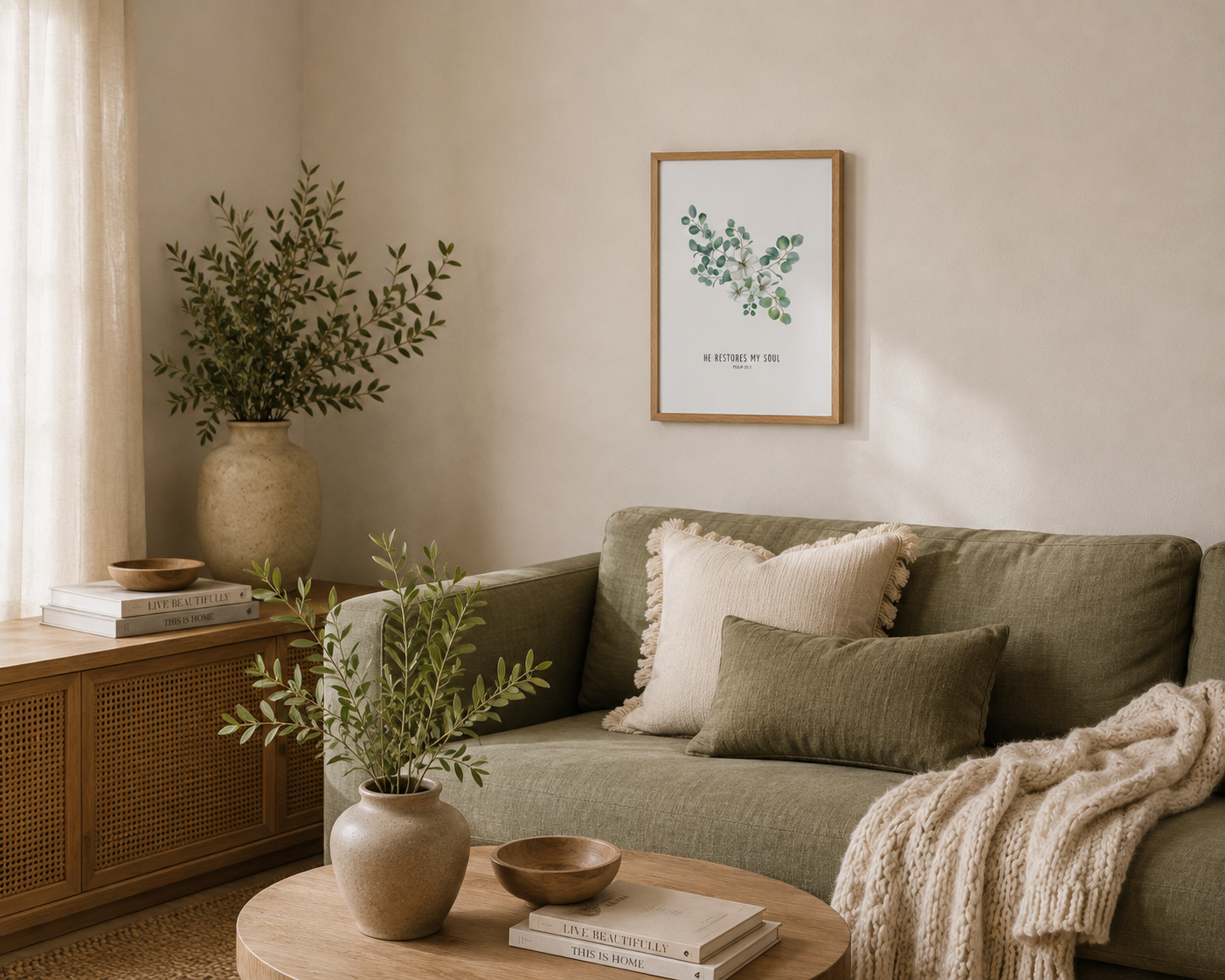He Restores My Soul Psalm 23:3 | Green Eucalyptus Scripture Print | Faith Home Decor