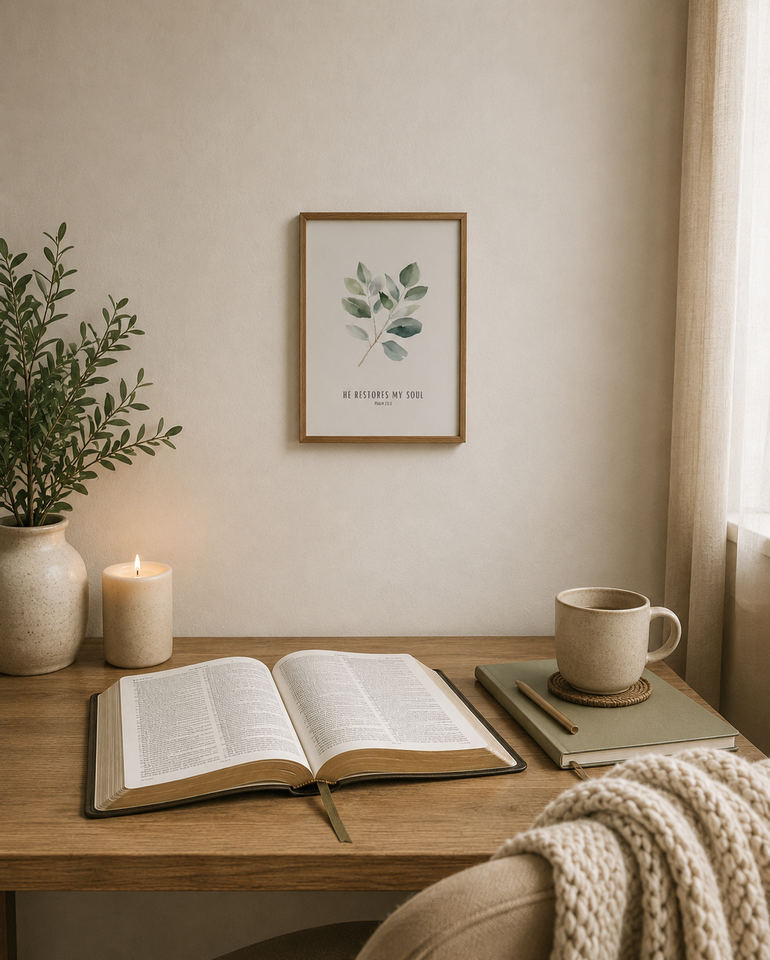 He Restores My Soul Psalm 23:3 | Green Leaf Scripture Print | Faith Home Decor