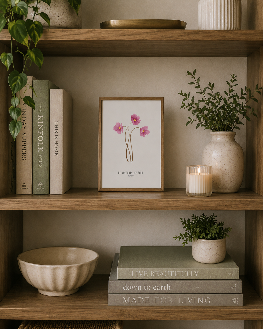 He Restores My Soul Psalm 23:3 | Pink Floral Scripture Print | Faith Home Decor
