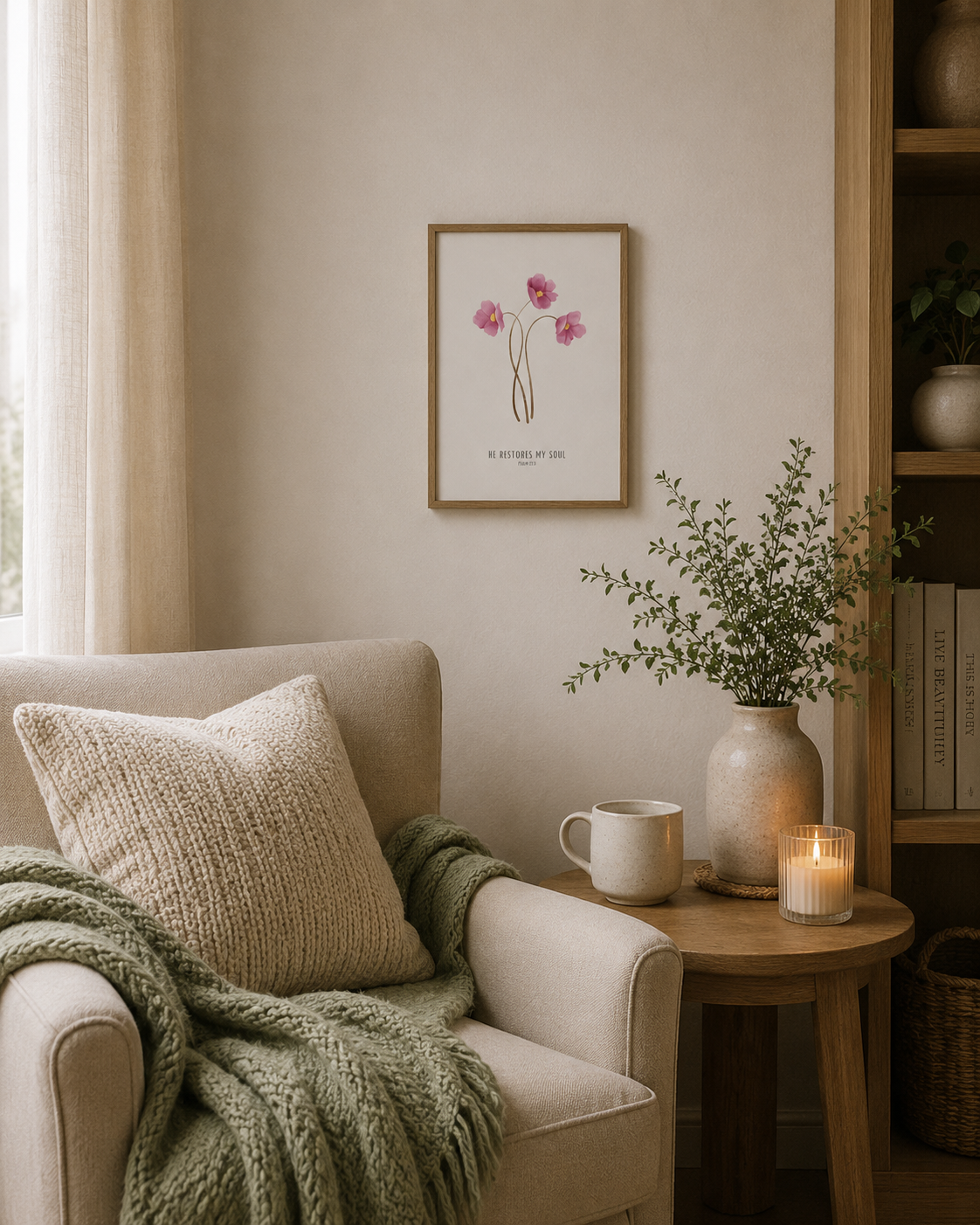 He Restores My Soul Psalm 23:3 | Pink Floral Scripture Print | Faith Home Decor