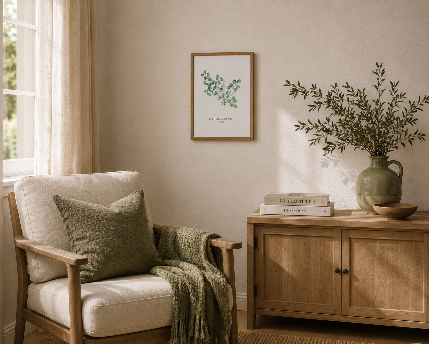 He Restores My Soul Psalm 23:3 | Green Eucalyptus Scripture Print | Faith Home Decor