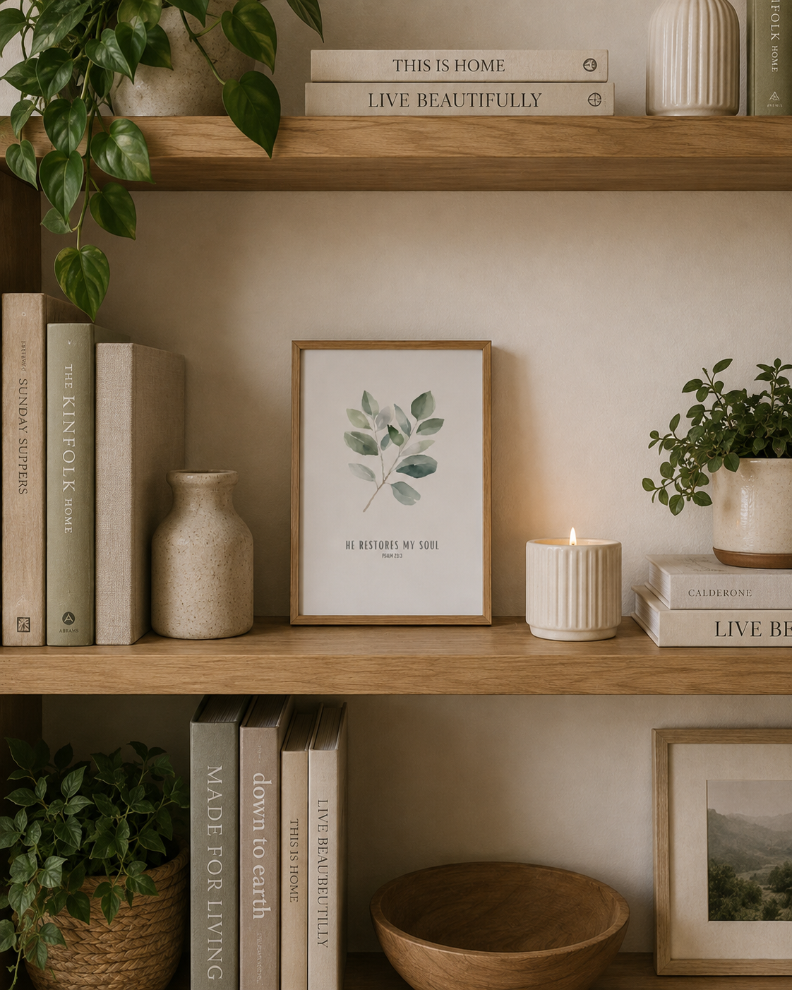 He Restores My Soul Psalm 23:3 | Green Leaf Scripture Print | Faith Home Decor