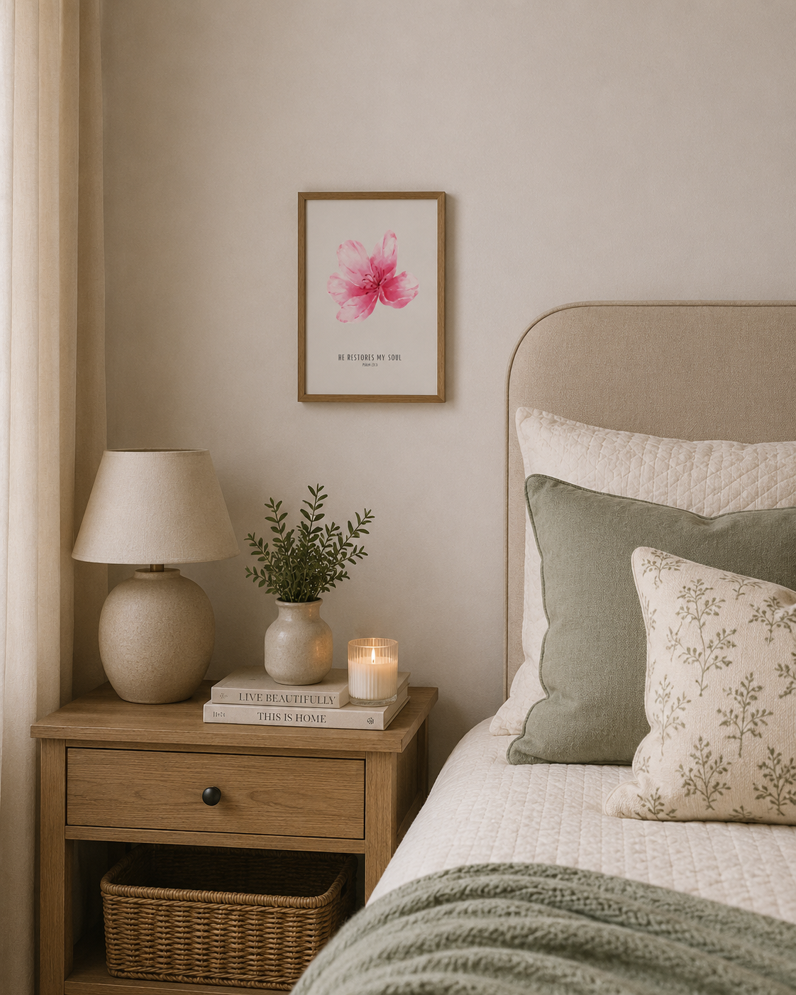 He Restores My Soul Psalm 23:3 | Pink Blossom Scripture Print | Faith Home Decor