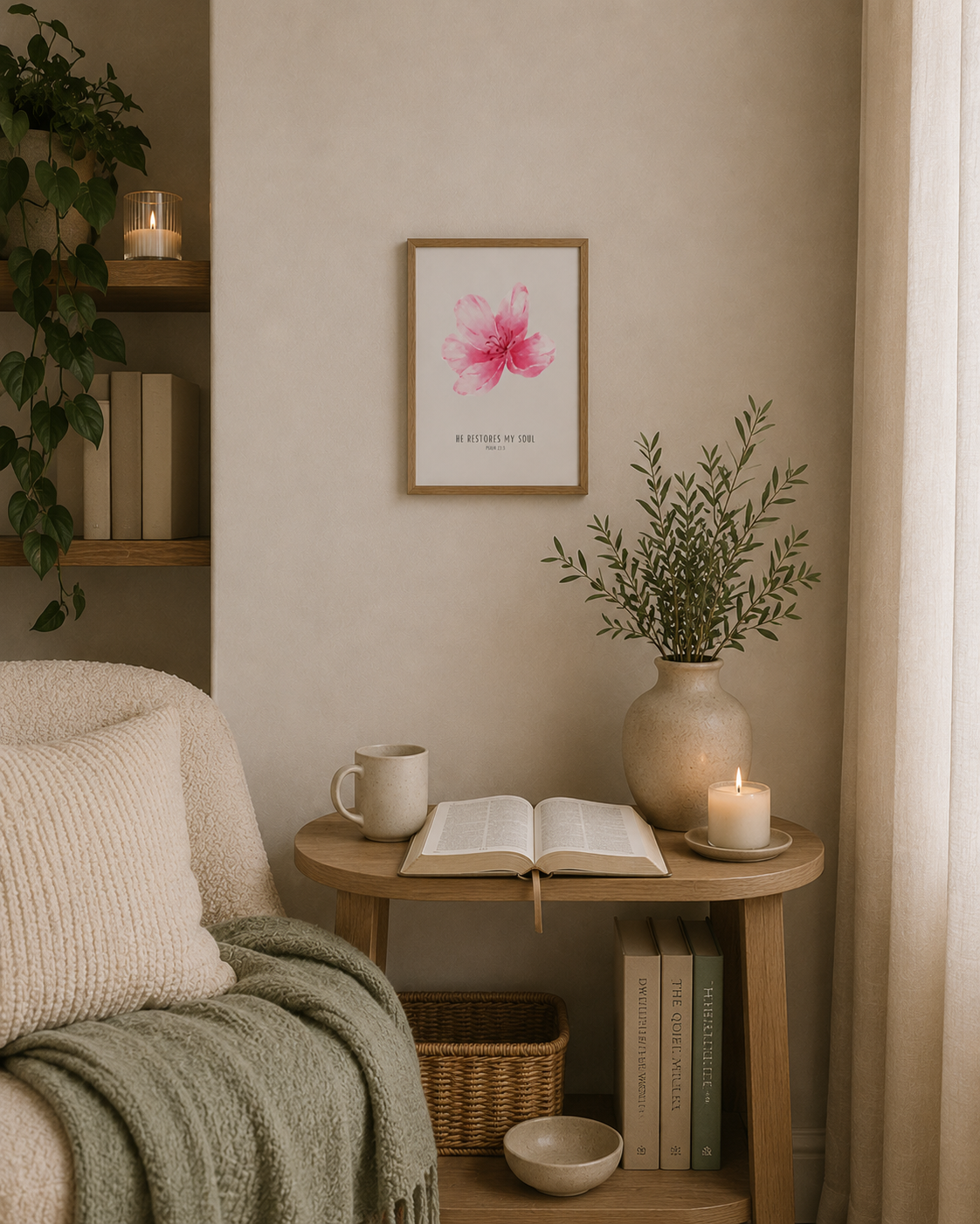 He Restores My Soul Psalm 23:3 | Pink Blossom Scripture Print | Faith Home Decor