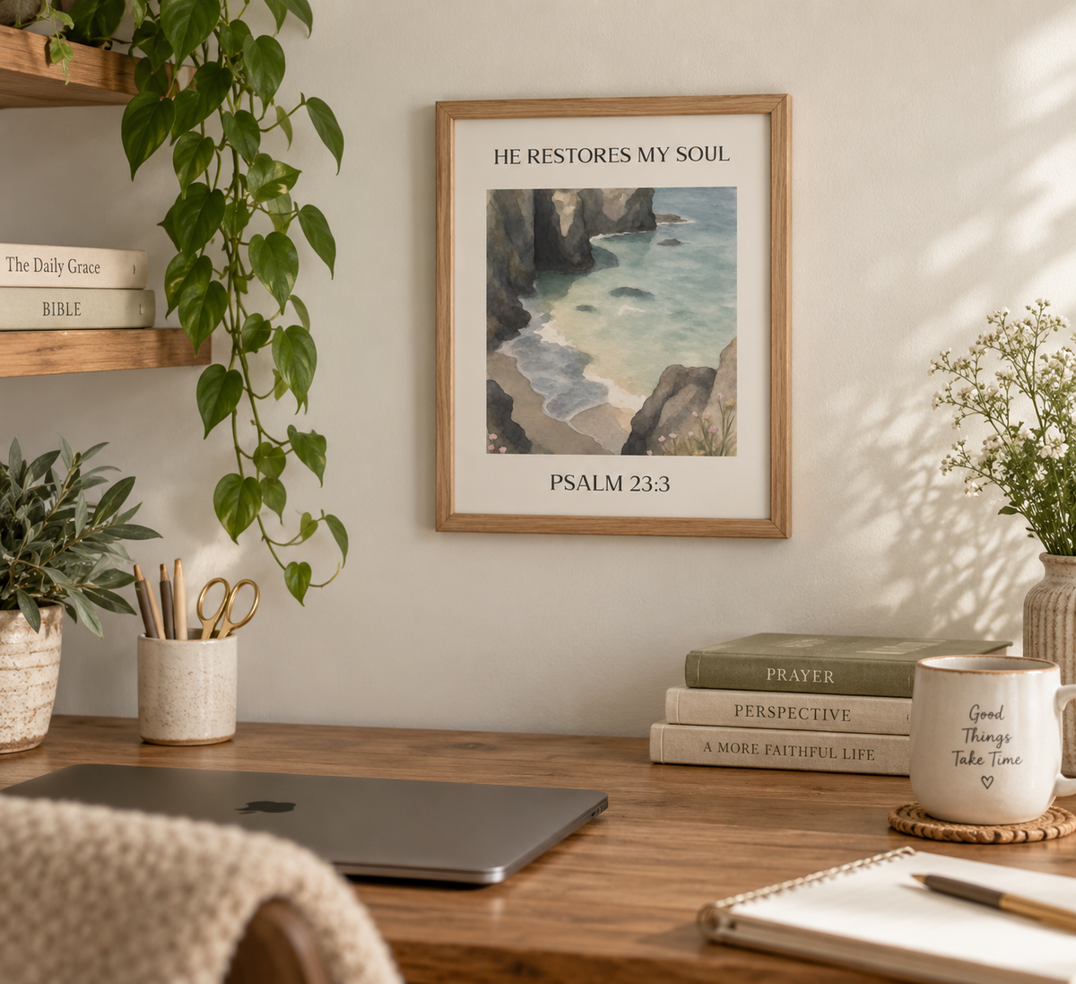He Restores My Soul Scripture Print | Psalm 23 | Christian Wall Art | Faith Decor