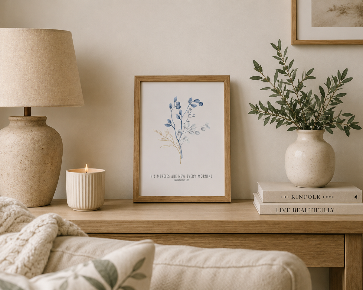 His Mercies Are New Every Morning Lamentations 3:22 | Blue Botanical Scripture Print | Faith Home Decor