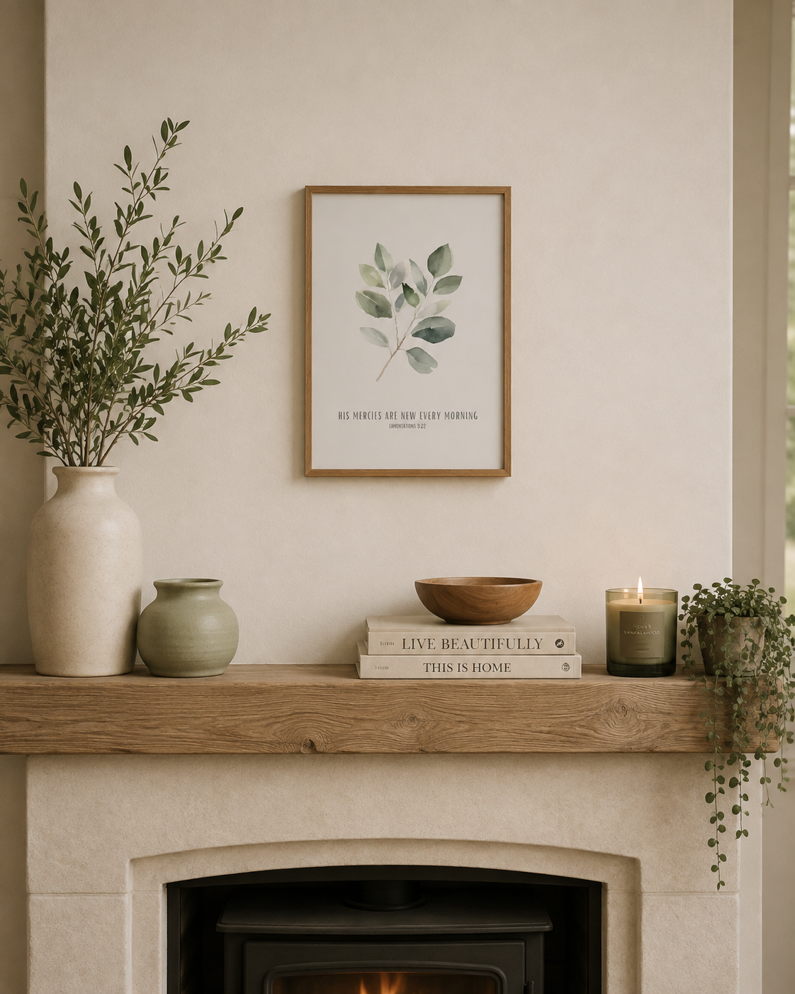 His Mercies Are New Every Morning Lamentations 3:23 | Green Leaf Scripture Print | Faith Home Decor