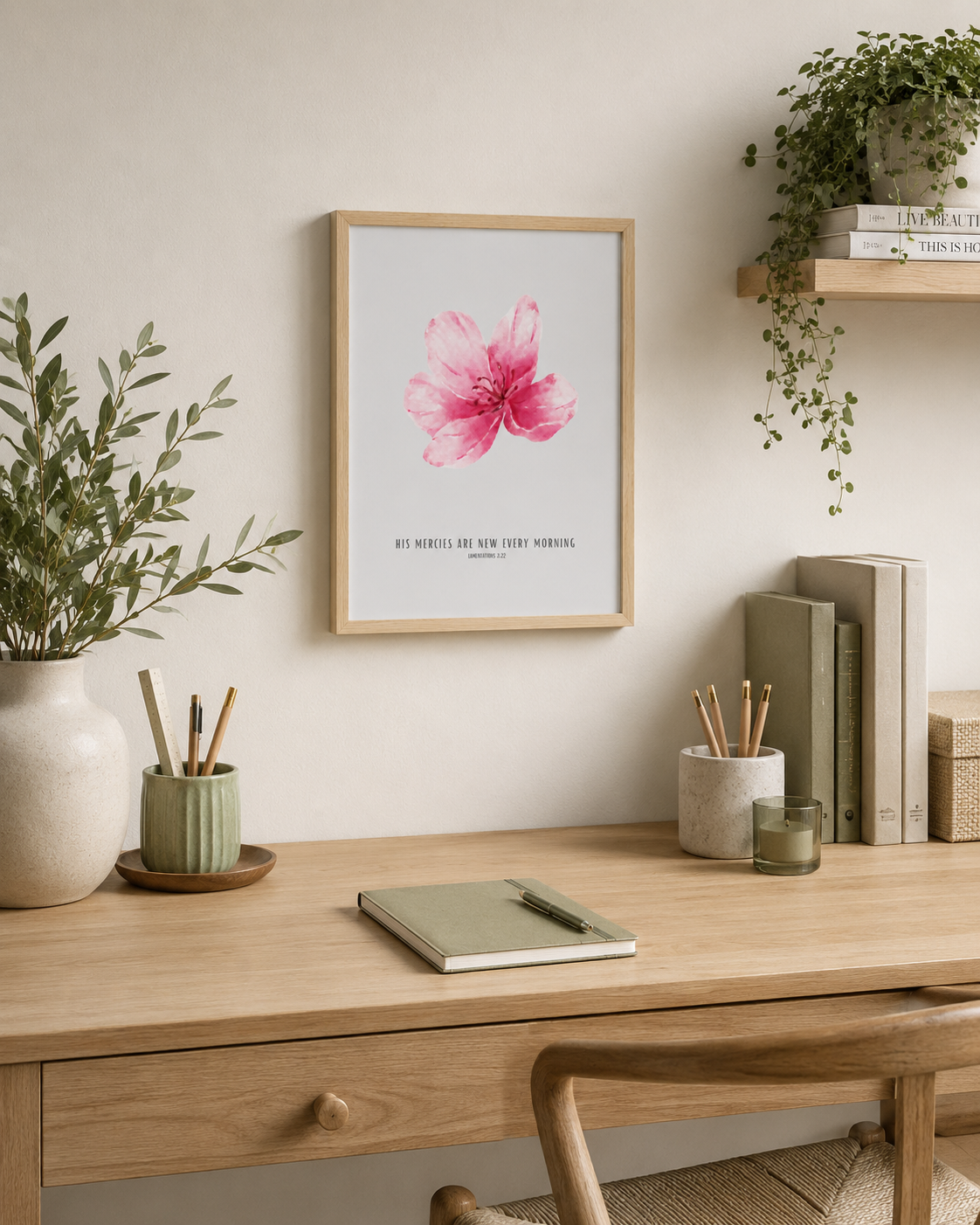 His Mercies Are New Every Morning Lamentations 3:22 | Pink Blossom Scripture Print | Faith Home Decor