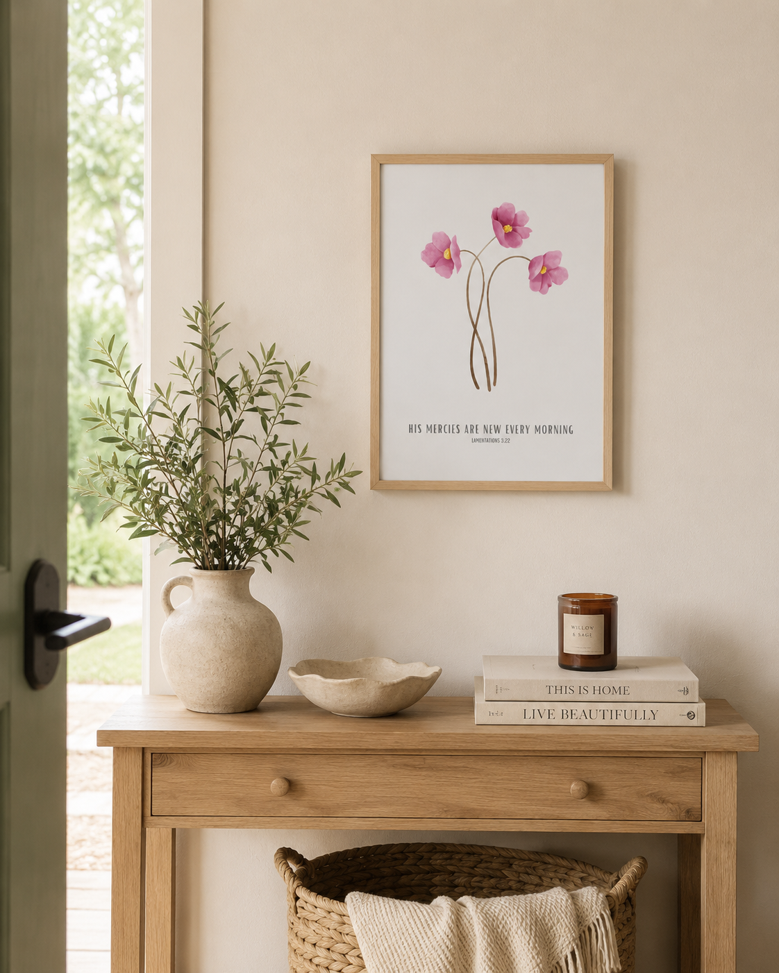 His Mercies Are New Every Morning Lamentations 3:22 | Pink Floral Scripture Print | Faith Home Decor