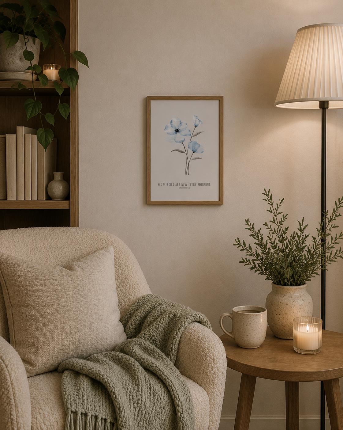 His Mercies Are New Every Morning Lamentations 3:22 | Blue Blossom Scripture Print | Faith Home Decor