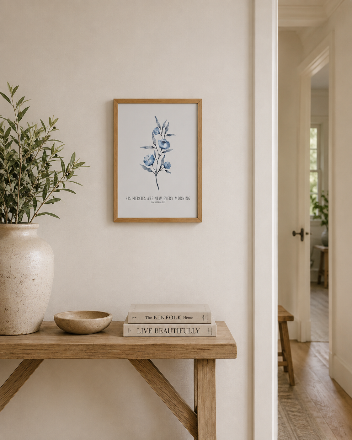 His Mercies Are New Every Morning Lamentations 3:22 | Blue Floral Scripture Print | Faith Home Decor