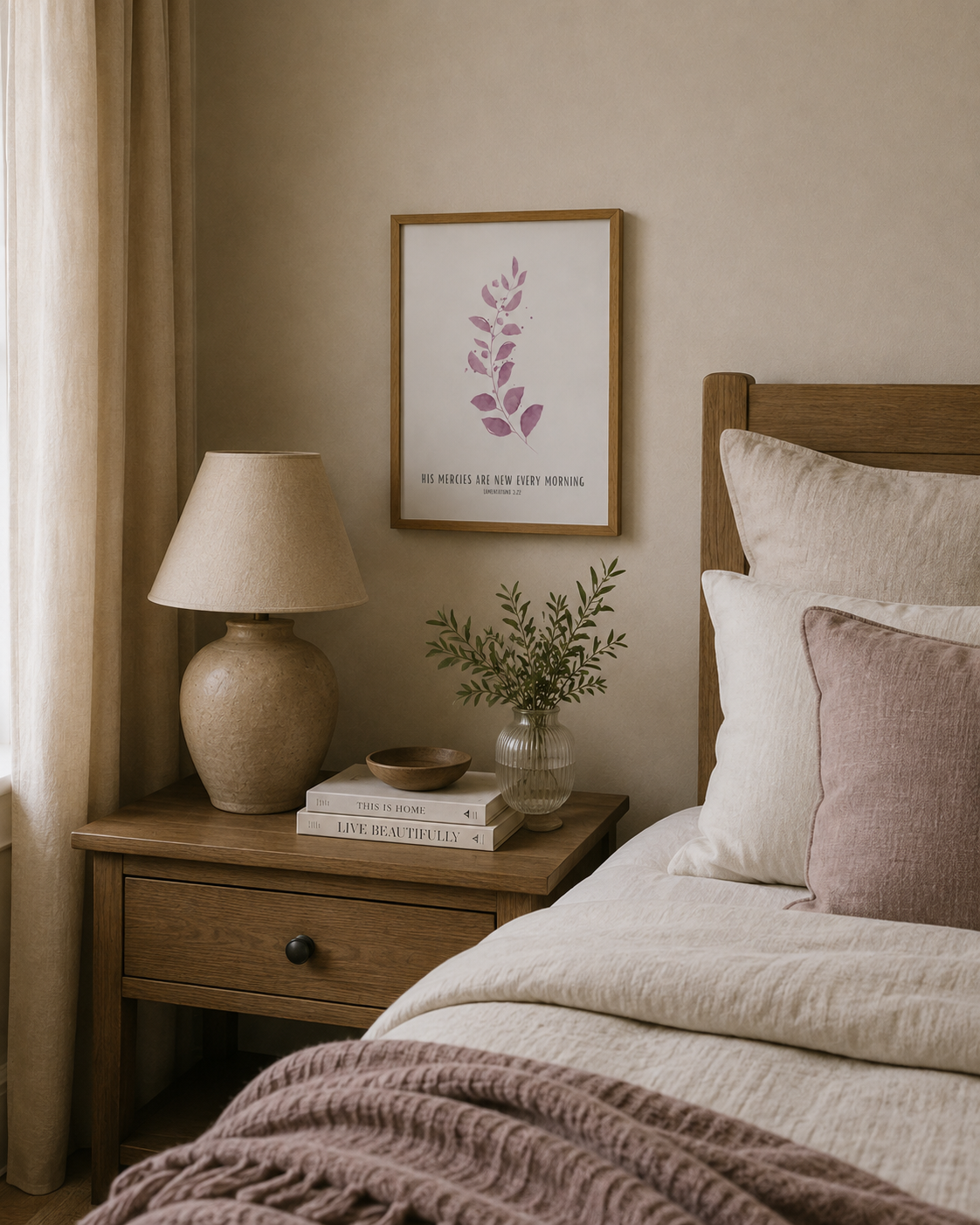 His Mercies Are New Every Morning Lamentations 3:22 | Pink Botanical Scripture Print | Faith Home Decor