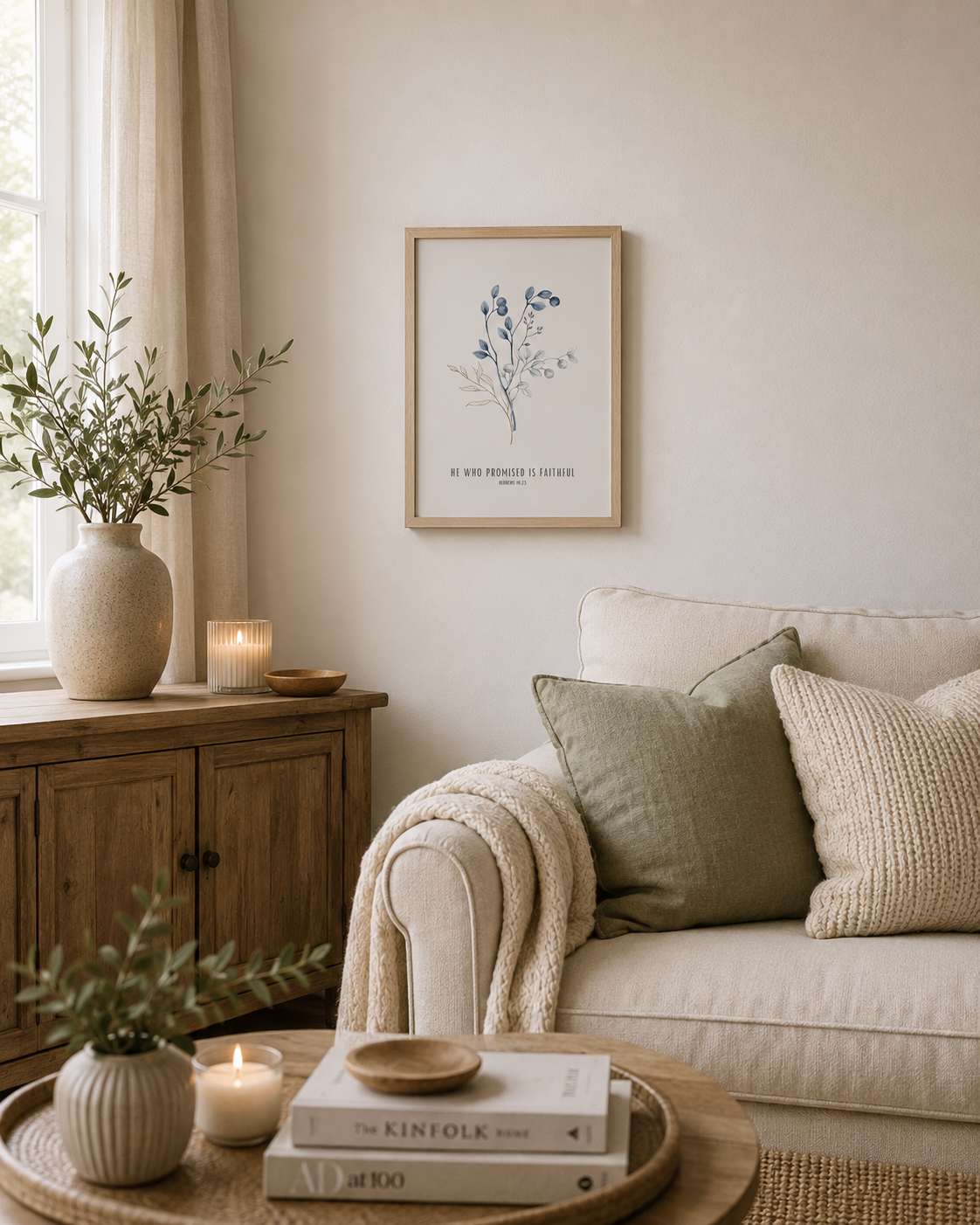 He Who Promised Is Faithful Hebrews 10:23 | Blue Botanical Scripture Print | Faith Home Decor