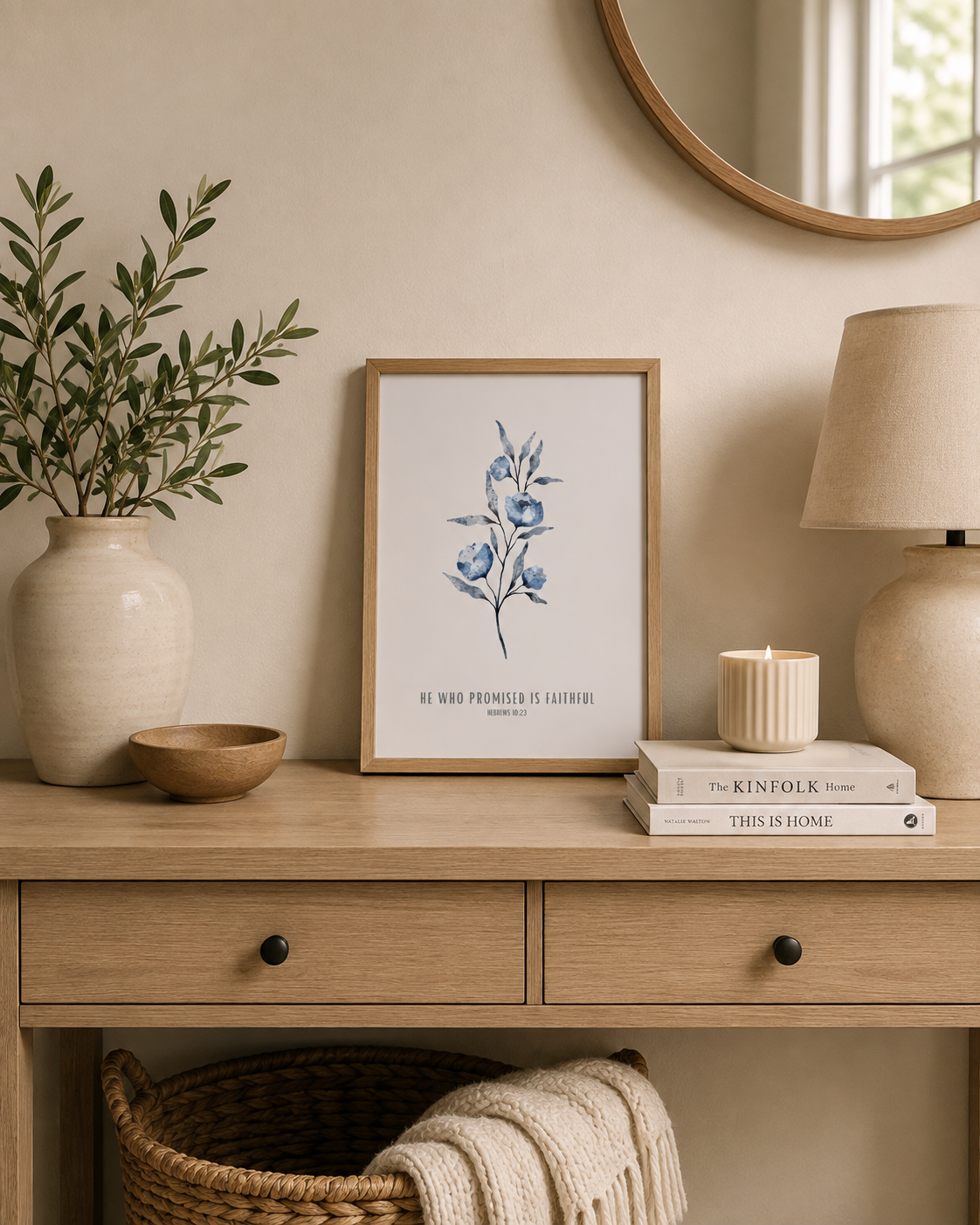 He Who Promised Is Faithful Hebrews 10:23 | Blue Floral Scripture Print | Faith Home Decor