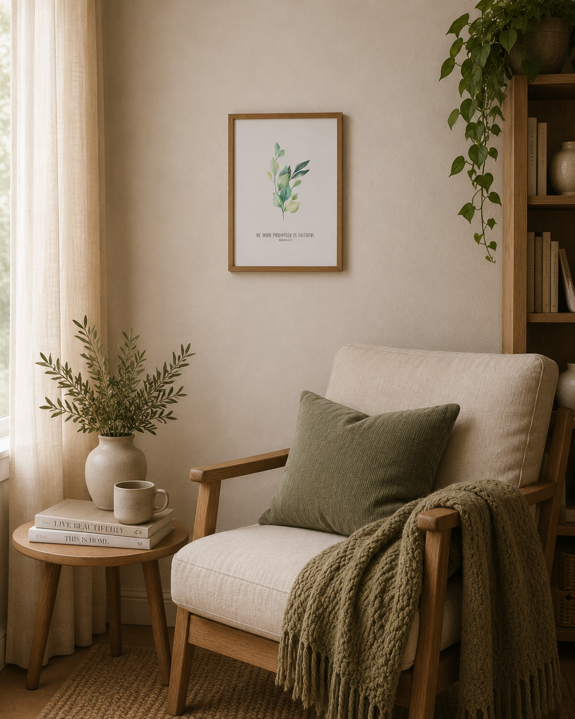 He Who Promised Is FaithFul Hebrews 10:23 | Green Botanical Scripture Print | Faith Home Decor