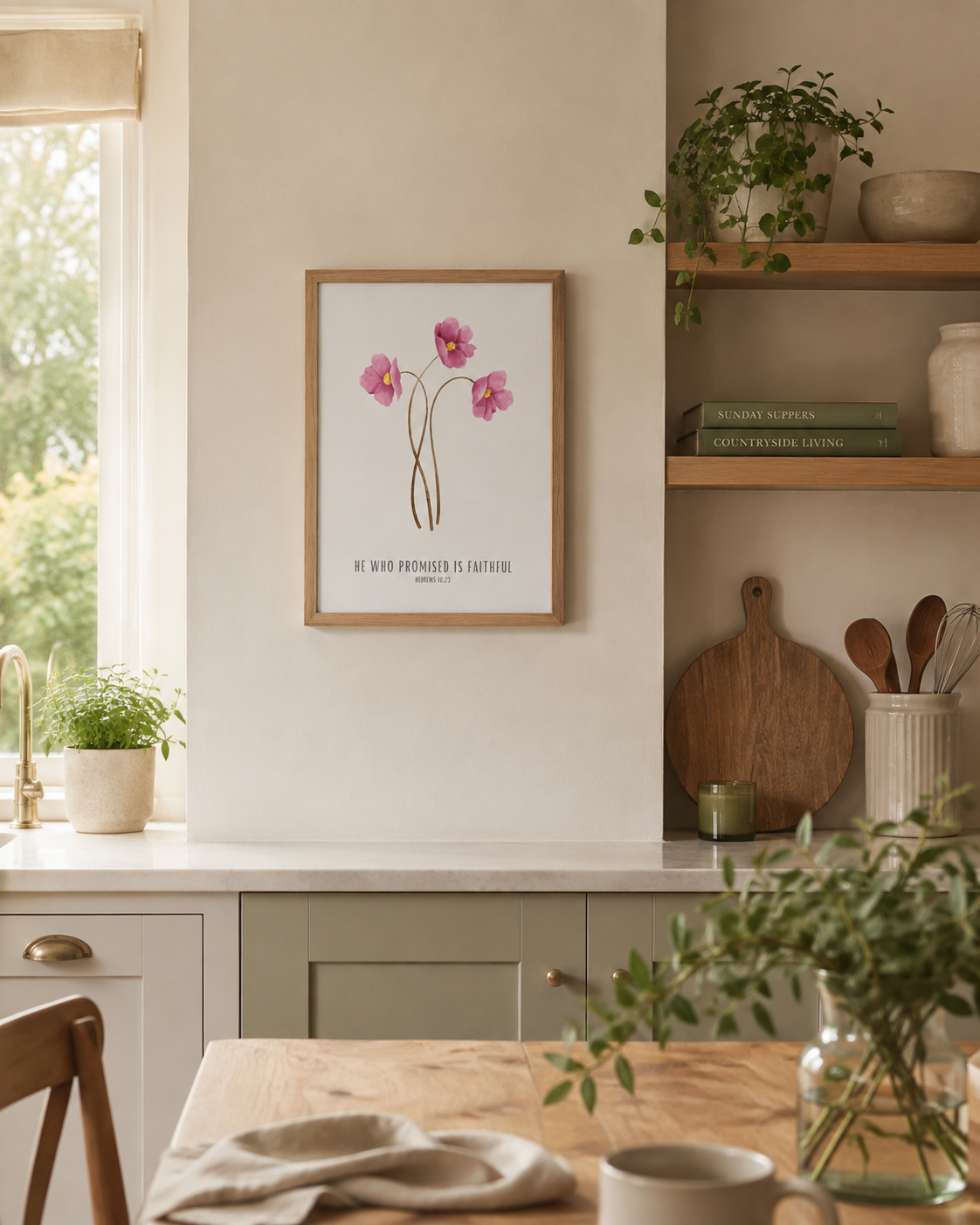 He Who Promised Is Faithful Hebrews 10:23 | Pink Floral Scripture Print | Faith Home Decor