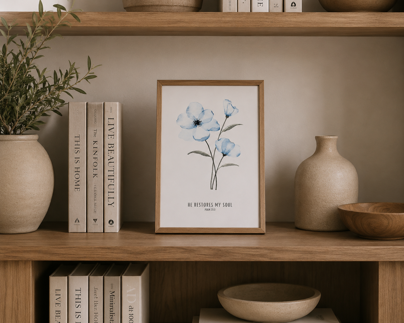 He Restores My Soul Psalm 23:3 | Blue Blossom Scripture Print | Faith Decor
