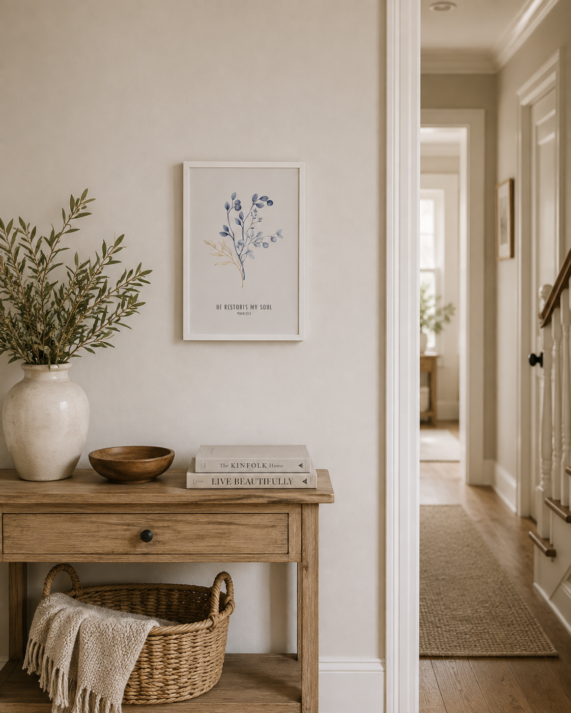He Restores My Soul Psalm 23:3 | Blue Botanical Scripture Print | Faith Home Decor