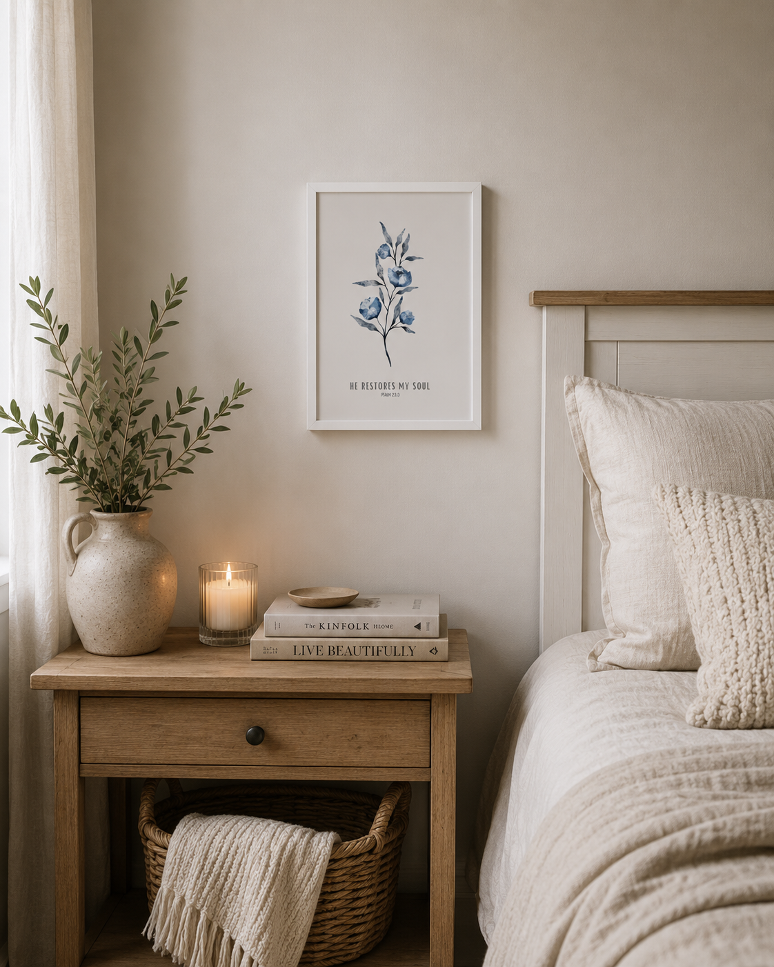He Restores My Soul Psalm 23:3 | Blue Floral Scripture Print | Faith Home Decor