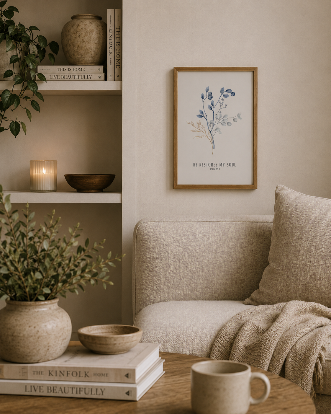 He Restores My Soul Psalm 23:3 | Blue Botanical Scripture Print | Faith Home Decor