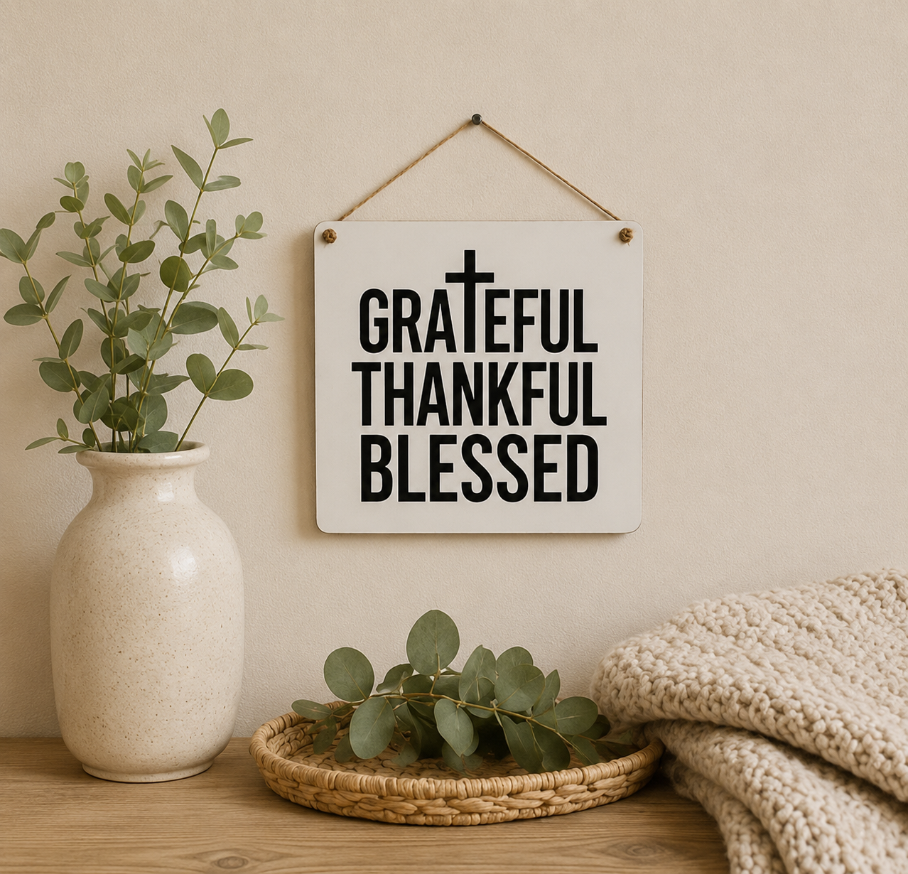 Grateful Thankful Blessed Faith Inspired Hanging Sign | Faith Filled Home Decor