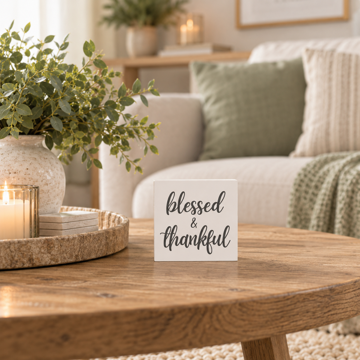 Blessed & Thankful Scripture Block | Christian Home Decor | Faith Filled Home