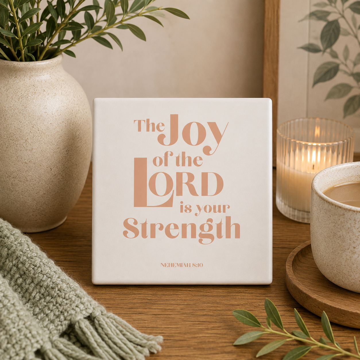 The Joy Of the Lord Is My Strength Ceramic Coaster | Christian Home Decor | Faith Coasters