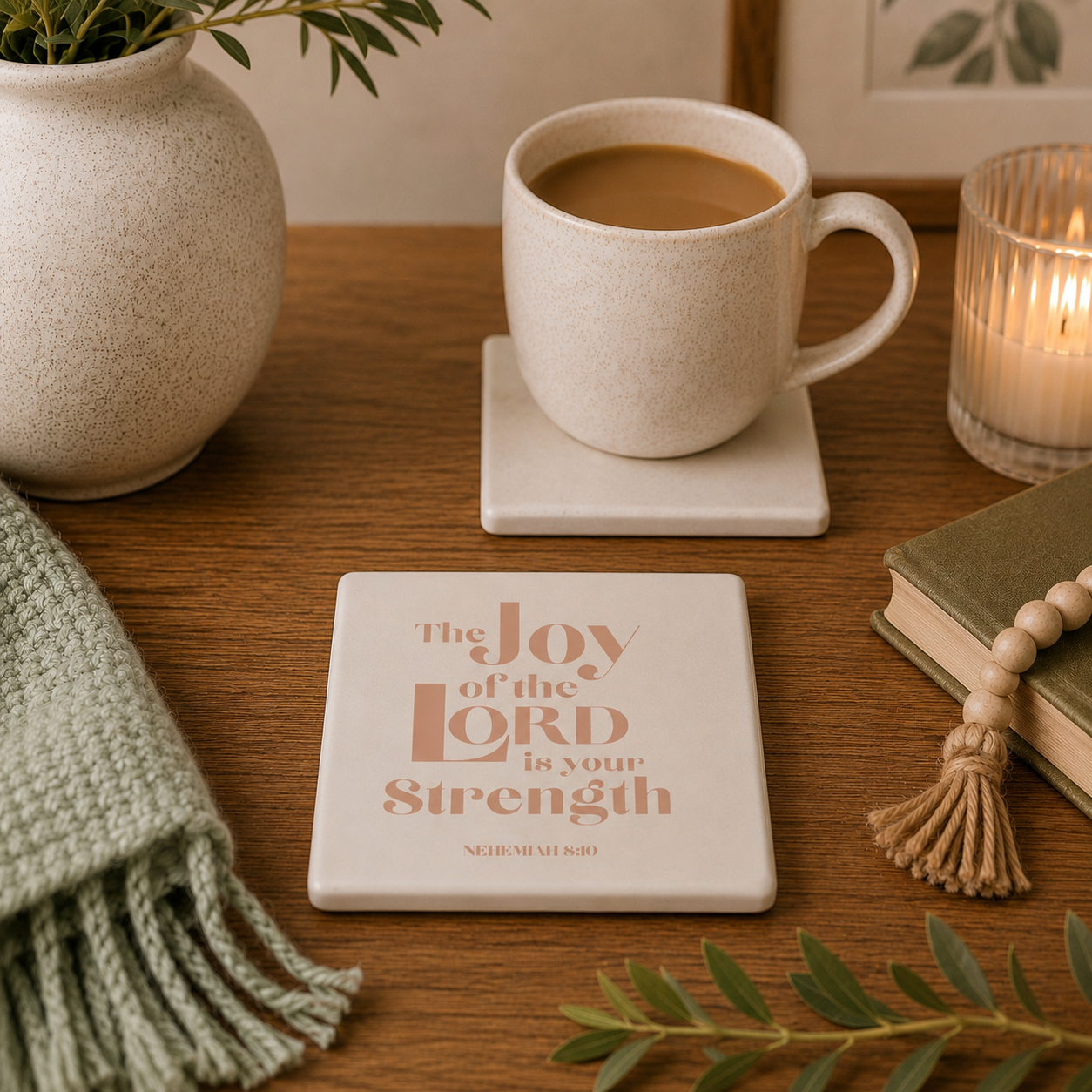 The Joy Of the Lord Is My Strength Ceramic Coaster | Christian Home Decor | Faith Coasters